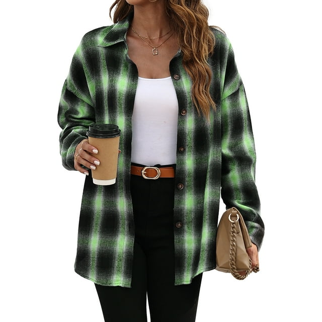 Fantaslook Plaid Flannel Shirts for Women Oversized Long Sleeve Button Down Shirts Blouses Tops