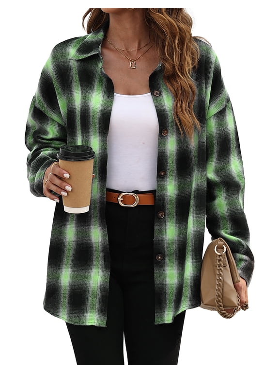 Plaid Flannel Shirts for Women Oversized Long Sleeve Button Down Shirts Blouses Tops