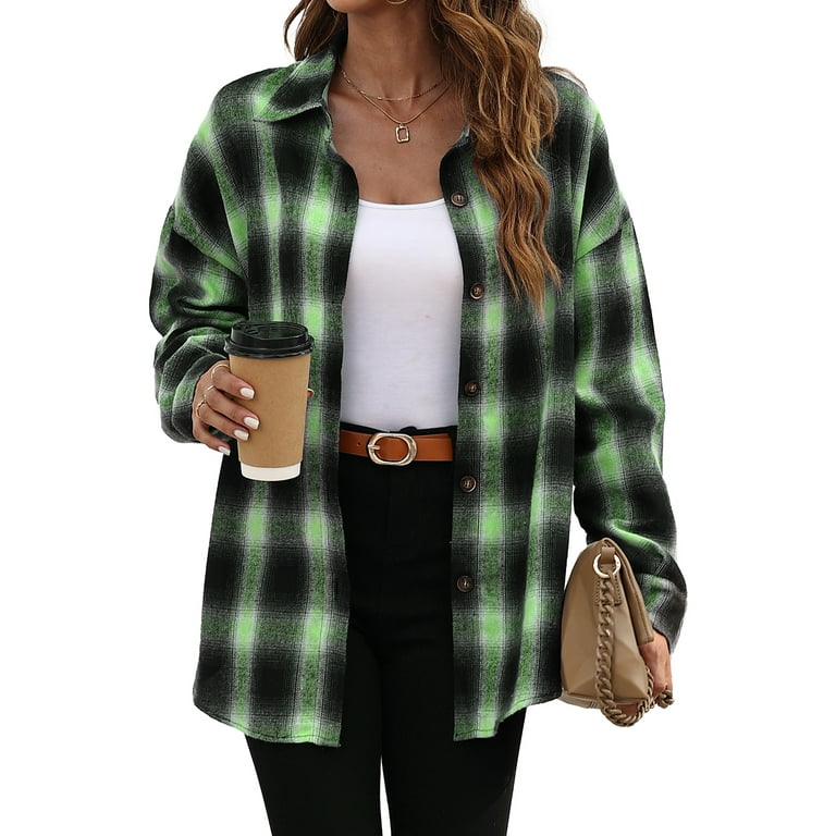 Green plaid flannel shirt womens 2025
