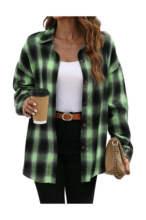 Plaid Flannel Shirts for Women Oversized Long Sleeve Button Down Shirts Blouses Tops