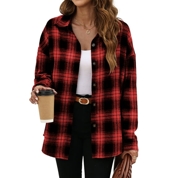 Fantaslook Plaid Flannel Shirts for Women Oversized Long Sleeve Button Down Shirts Blouses Tops