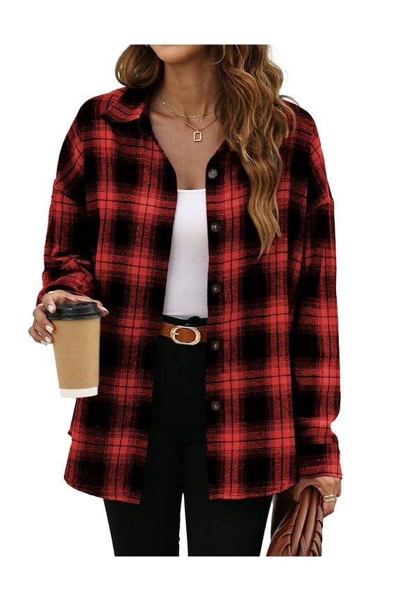 Plaid Flannel Shirts for Women Oversized Long Sleeve Button Down Shirts Blouses Tops