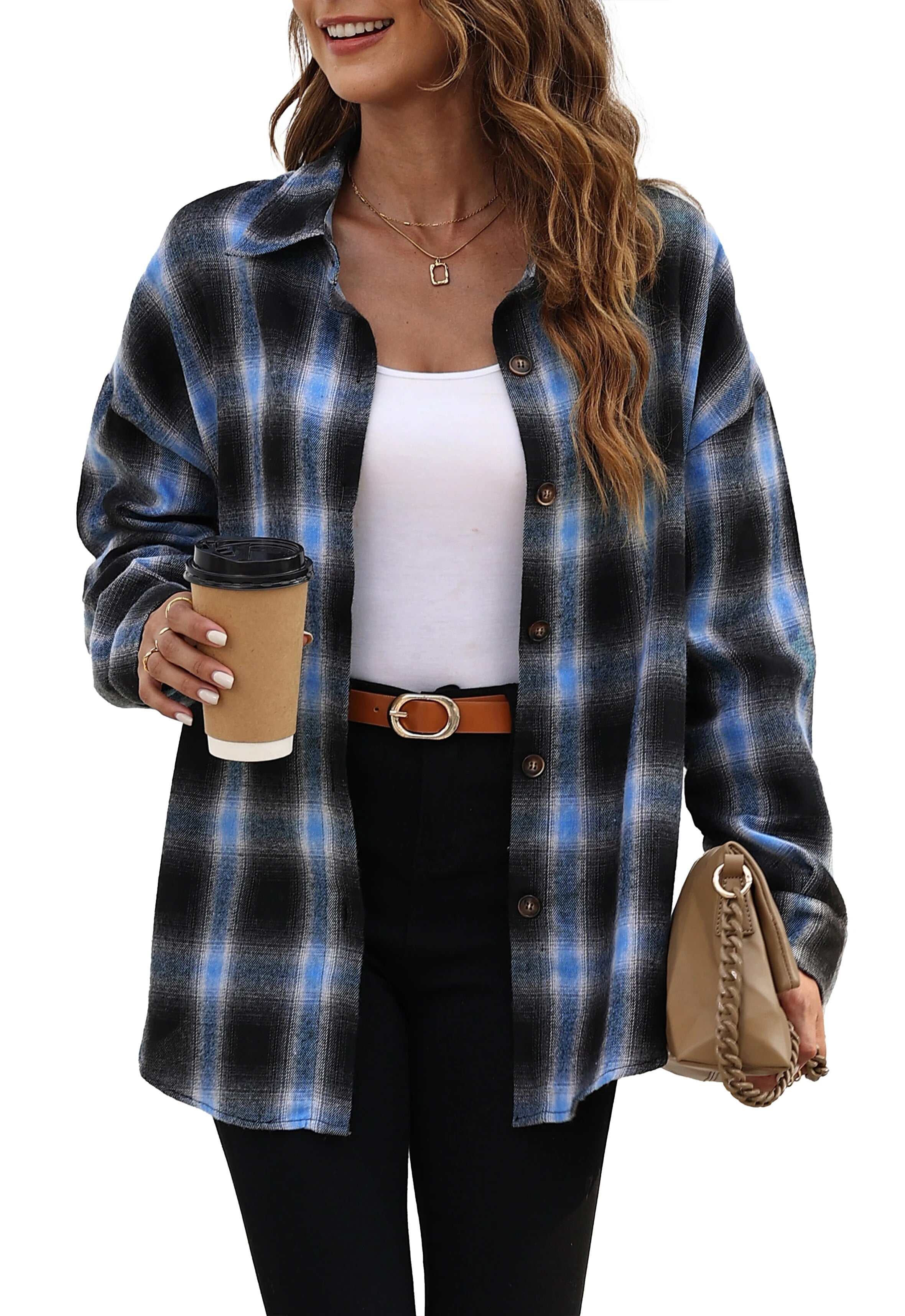 Fantaslook Plaid Flannel Shirts for Women Oversized Long Sleeve Button ...