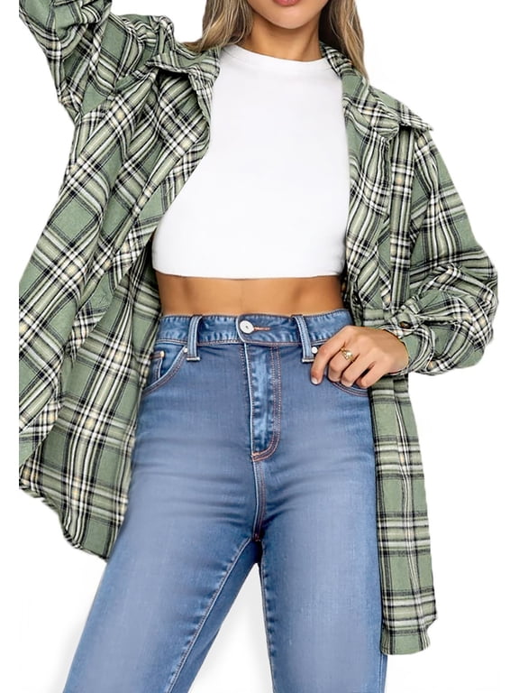 Plaid Flannel Shirts for Women Oversized Long Sleeve Button Down Shirts Blouses Tops