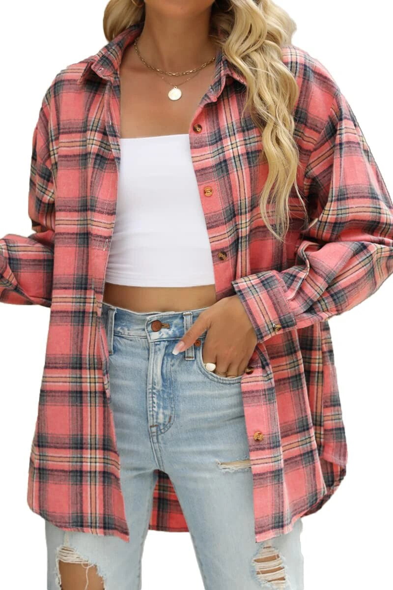 Fantaslook Plaid Flannel Shirts for Women Oversized Long Sleeve Button Down Shirts Blouses Tops