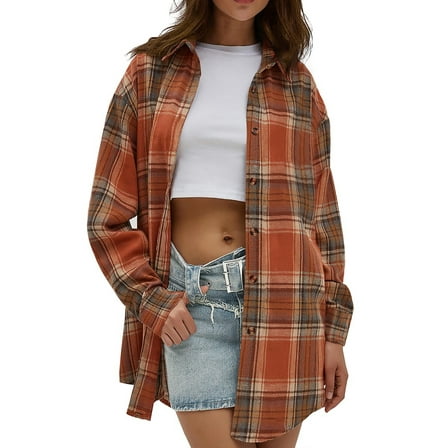 Fantaslook Plaid Flannel Shirts for Women Oversized Long Sleeve Button Down Shirts Blouses Tops
