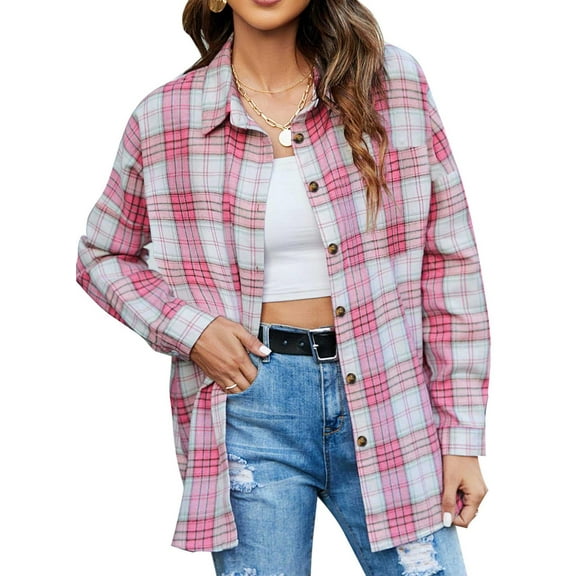 Fantaslook Plaid Flannel Shirts for Women Oversized Long Sleeve Button Down Shirts Blouses Tops