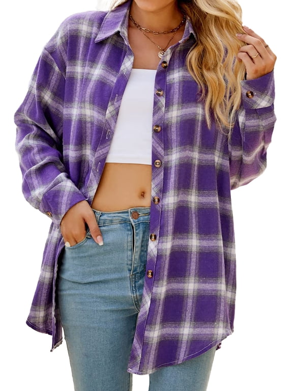 Plaid Flannel Shirts for Women Oversized Long Sleeve Button Down Shirts Blouses Tops