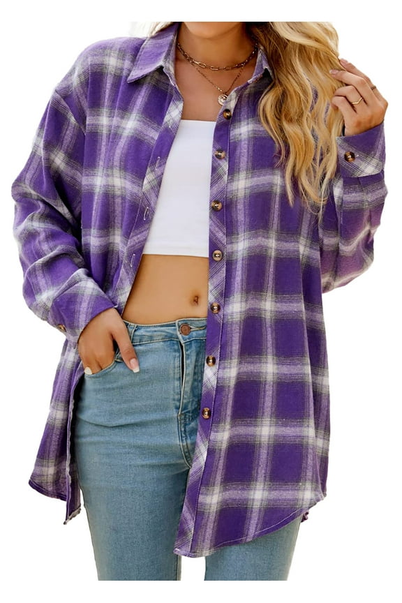 Plaid Flannel Shirts for Women Oversized Long Sleeve Button Down Shirts Blouses Tops