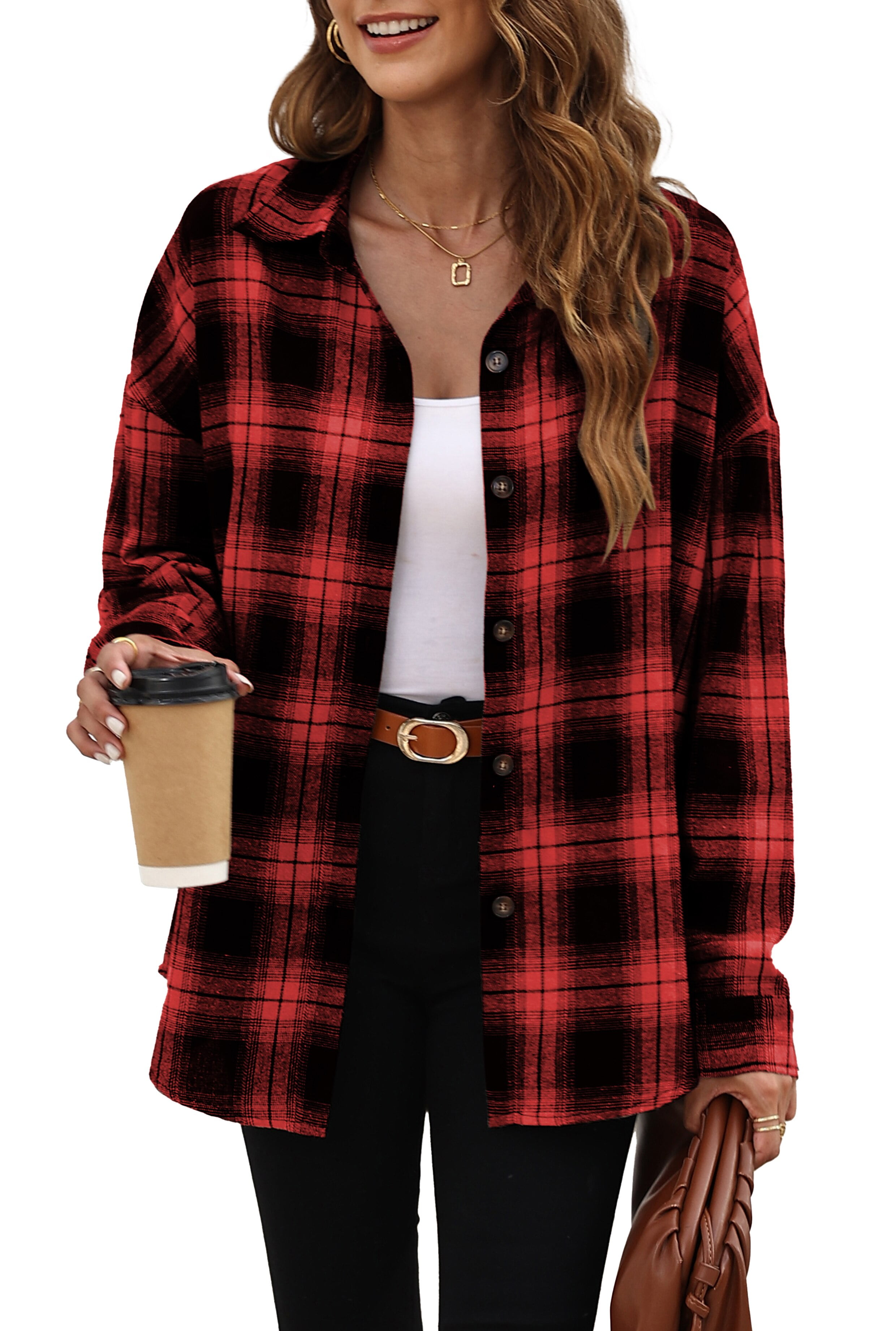 Fantaslook Plaid Flannel Shirts for Women Oversized Long Sleeve Button Down Shirts Blouses Tops