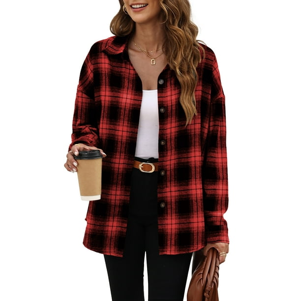 Fantaslook Plaid Flannel Shirts for Women Oversized Long Sleeve Button ...