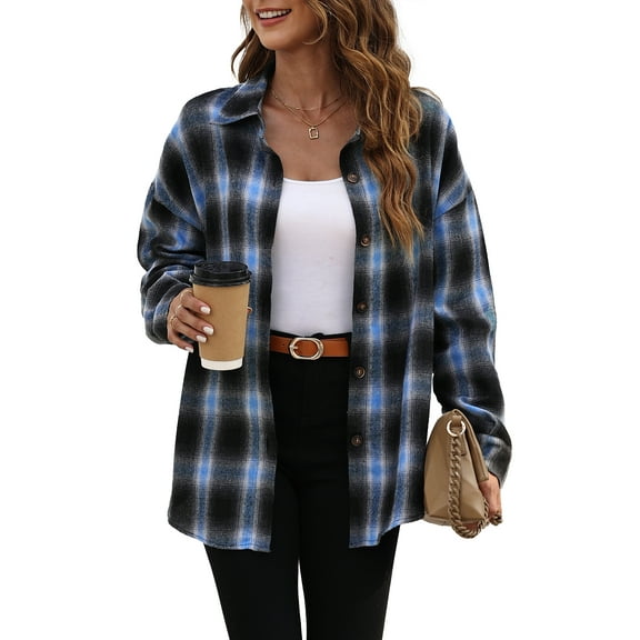 Fantaslook Plaid Flannel Shirts for Women Oversized Long Sleeve Button Down Shirts Blouses Tops