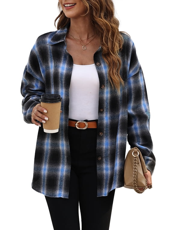 Plaid Flannel Shirts for Women Oversized Long Sleeve Button Down Shirts Blouses Tops