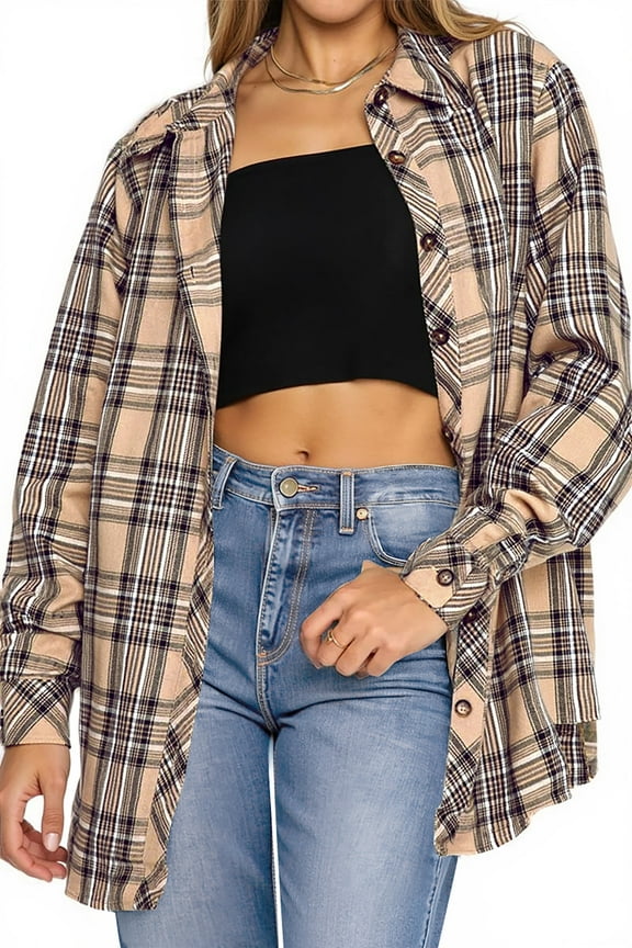 Plaid Flannel Shirts for Women Oversized Long Sleeve Button Down Shirts Blouses Tops