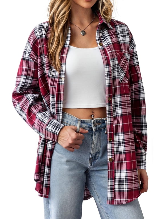 Plaid Shirts for Women Button Down Flannel Shirts Casual Loose Long Sleeve Blouses Tops