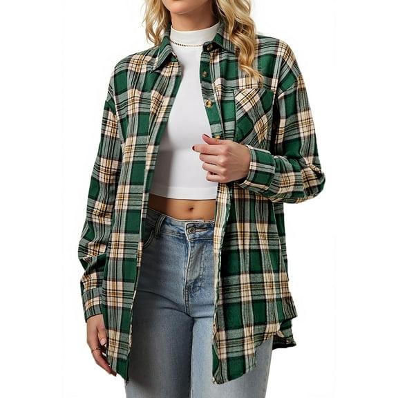 Fantaslook Plaid Shirts for Women Button Down Flannel Shirts Casual Loose Long Sleeve Blouses Tops