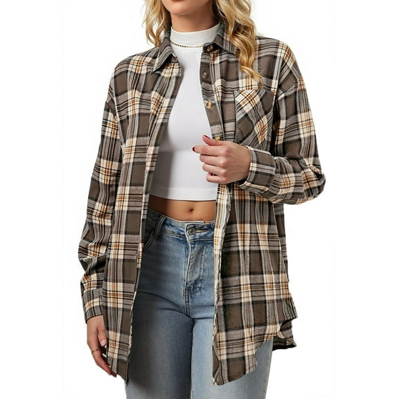 Fantaslook Plaid Shirts for Women Button Down Flannel Shirts Casual Loose Long Sleeve Blouses Tops