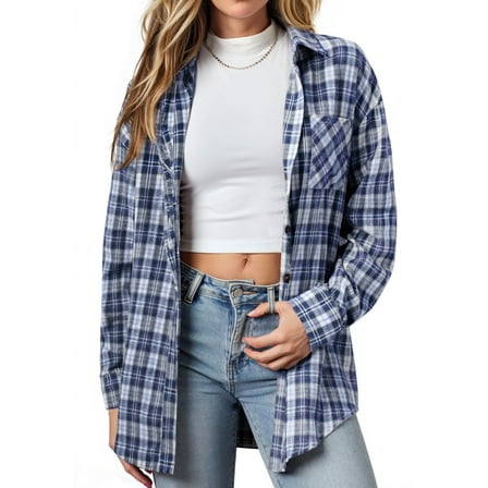 Fantaslook Plaid Shirts for Women Button Down Flannel Shirts Casual Loose Long Sleeve Blouses Tops