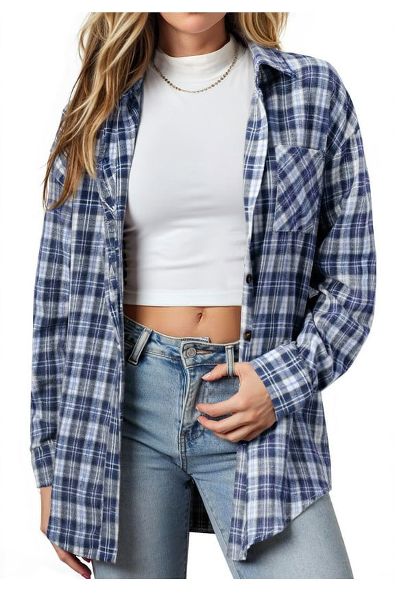 Plaid Shirts for Women Button Down Flannel Shirts Casual Loose Long Sleeve Blouses Tops