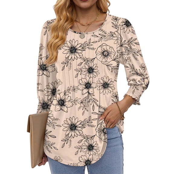 Fantaslook Pleated Blouses for Women Dressy Casual 3/4 Sleeve Womens Tops with Smocked Cuffs Summer Fall Shirts