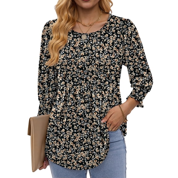 Fantaslook Pleated Blouses for Women Dressy Casual 3/4 Sleeve Womens Tops with Smocked Cuffs Summer Fall Shirts