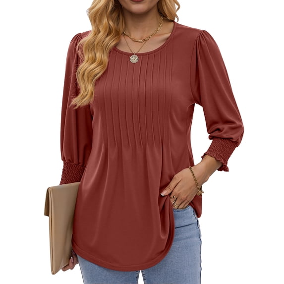 Fantaslook Pleated Blouses for Women Dressy Casual 3/4 Sleeve Womens Tops with Smocked Cuffs Summer Fall Shirts