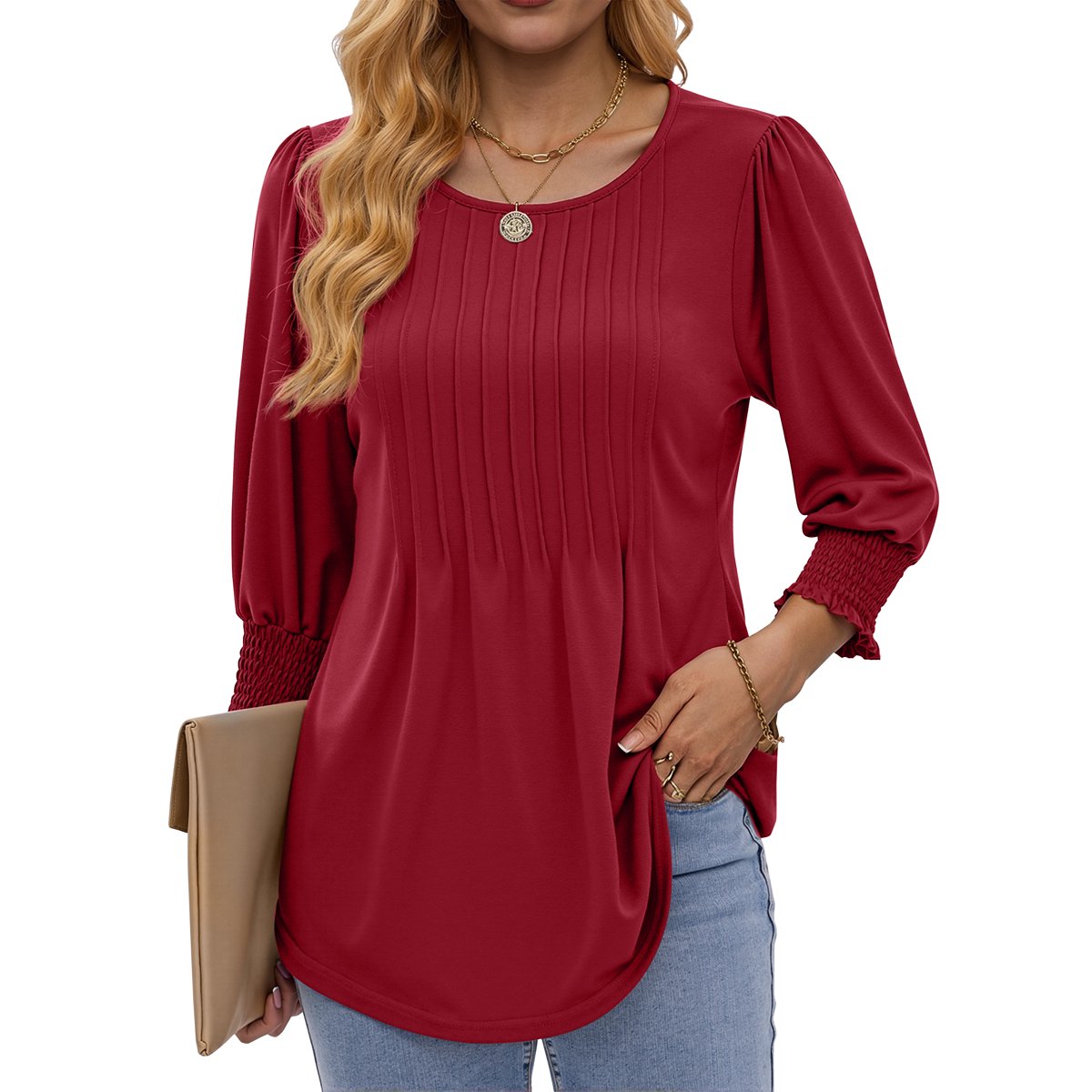 Pleated Blouses for Women Dressy Casual 3/4 Sleeve Womens Tops with Smocked Cuffs Summer Fall Shirts