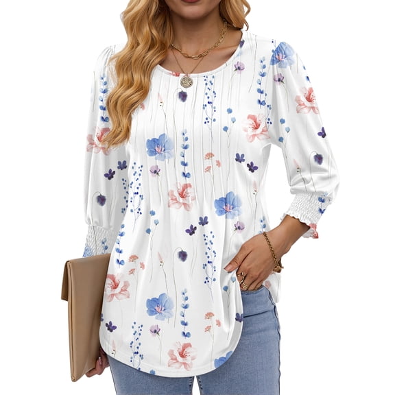 Fantaslook Pleated Blouses for Women Dressy Casual 3/4 Sleeve Womens Tops with Smocked Cuffs Summer Fall Shirts