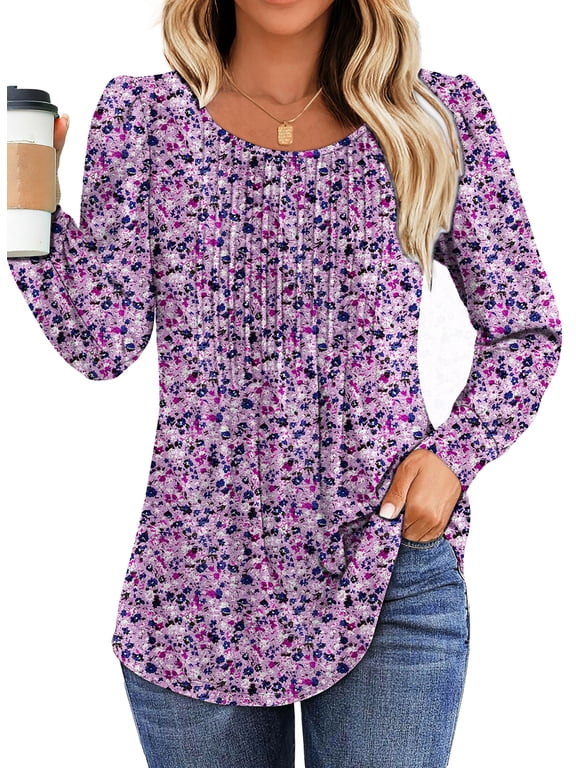 Pleated Blouses for Women Dressy Casual Long Sleeve Shirts Fall Tunic Tops