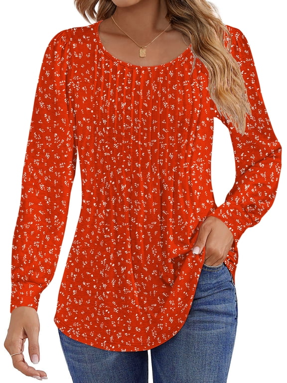 Pleated Blouses for Women Dressy Casual Long Sleeve Shirts Fall Tunic Tops