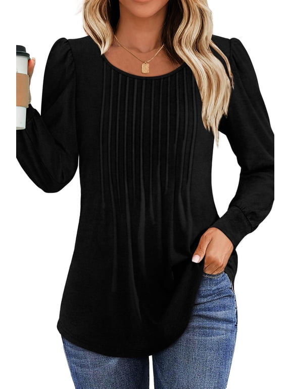 Pleated Blouses for Women Dressy Casual Long Sleeve Shirts Fall Tunic Tops