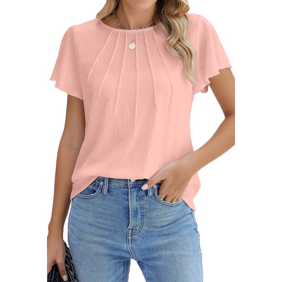 Fantaslook Pleated Blouses for Women Dressy Casual Tops Business Work Shirts Ruffle Sleeve Crew Neck Summer Outfits