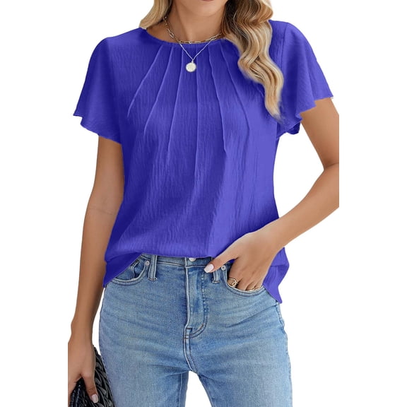 Fantaslook Pleated Blouses for Women Dressy Casual Tops Business Work Shirts Ruffle Sleeve Crew Neck Summer Outfits