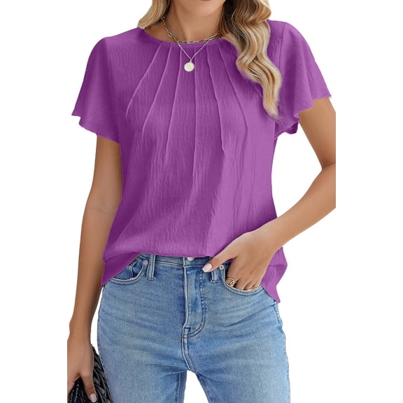 Fantaslook Pleated Blouses for Women Dressy Casual Tops Business Work Shirts Ruffle Sleeve Crew Neck Summer Outfits