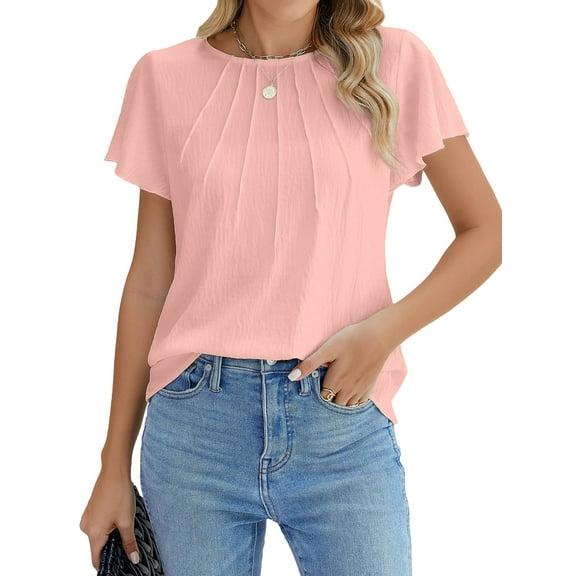 Fantaslook Pleated Blouses for Women Dressy Casual Tops Business Work Shirts Ruffle Sleeve Crew Neck Summer Outfits