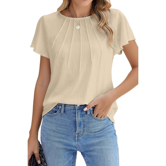Fantaslook Pleated Blouses for Women Dressy Casual Tops Business Work Shirts Ruffle Sleeve Crew Neck Summer Outfits