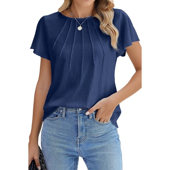 Fantaslook Pleated Blouses for Women Dressy Casual Tops Business Work Shirts Ruffle Sleeve Crew Neck Summer Outfits