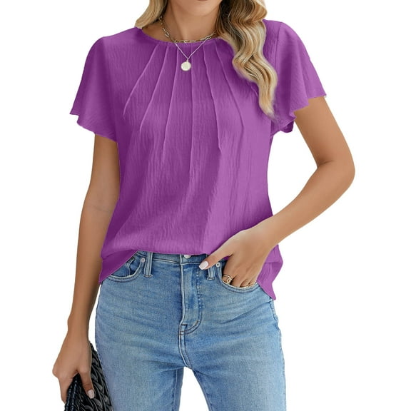 Fantaslook Pleated Blouses for Women Dressy Casual Tops Business Work Shirts Ruffle Sleeve Crew Neck Summer Outfits