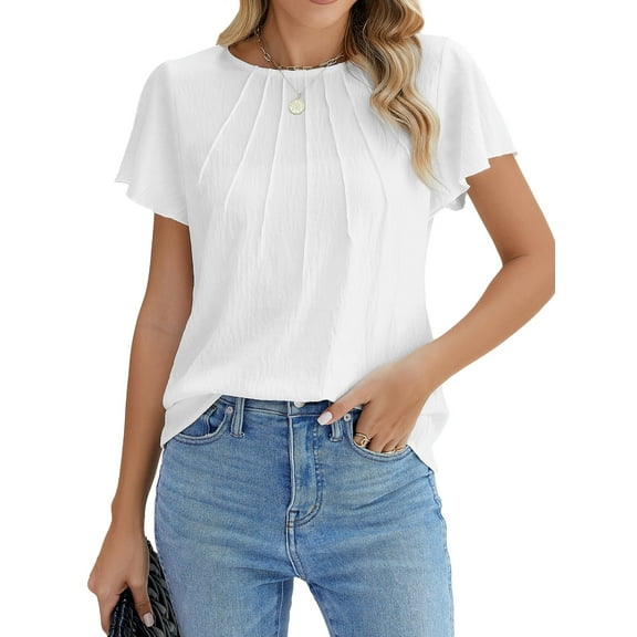Fantaslook Pleated Blouses for Women Dressy Casual Tops Business Work Shirts Ruffle Sleeve Crew Neck Summer Outfits