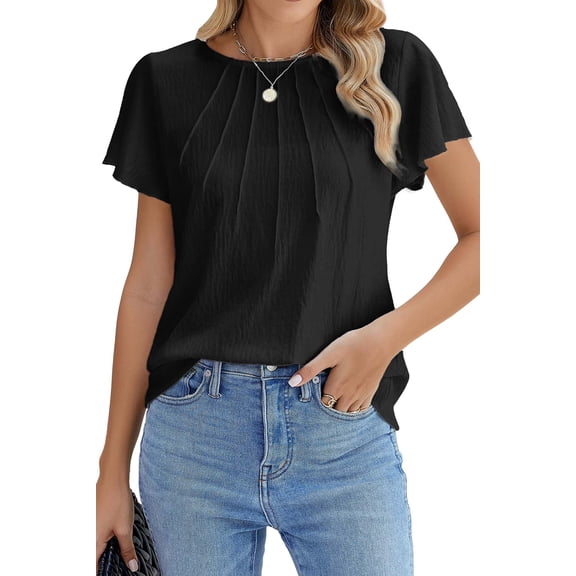 Fantaslook Pleated Blouses for Women Dressy Casual Tops Business Work Shirts Ruffle Sleeve Crew Neck Summer Outfits