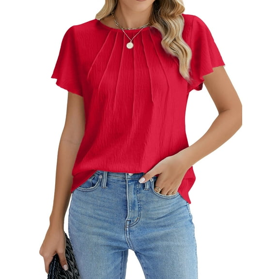 Fantaslook Pleated Blouses for Women Dressy Casual Tops Business Work Shirts Ruffle Sleeve Crew Neck Summer Outfits