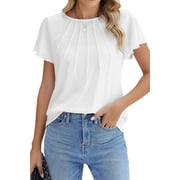 Fantaslook Pleated Blouses for Women Dressy Casual Tops Business Work Shirts Ruffle Sleeve Crew Neck Summer Outfits
