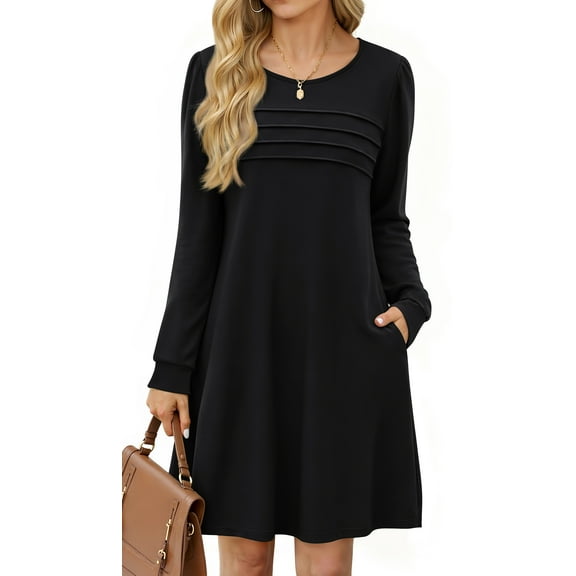 Fantaslook Pleated Long Sleeve Dresses for Women Fashion Fall Dresses Casual Dress with Pockets