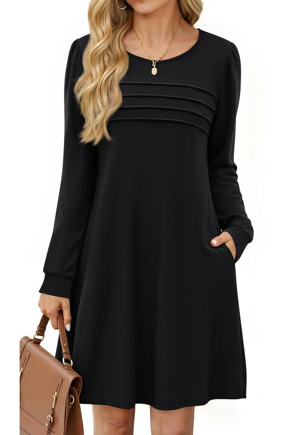Pleated Long Sleeve Dresses for Women Fashion Fall Dresses Casual Dress with Pockets
