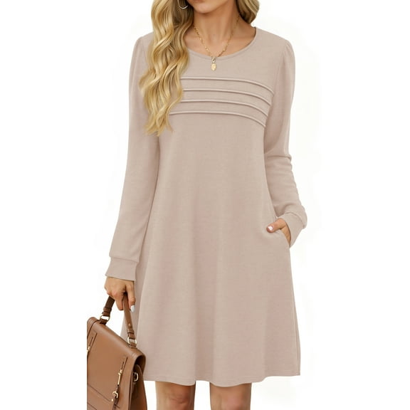 Fantaslook Pleated Long Sleeve Dresses for Women Fashion Fall Dresses Casual Dress with Pockets