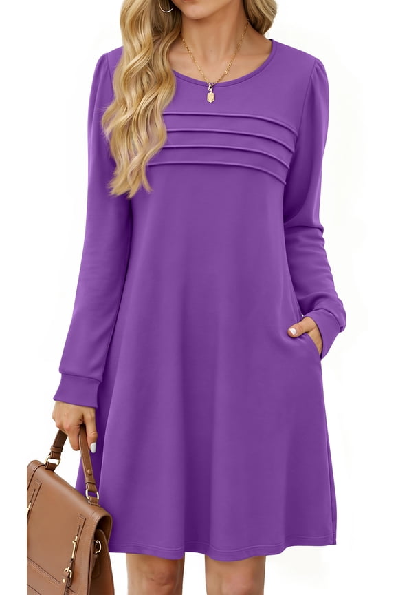 Pleated Long Sleeve Dresses for Women Fashion Fall Dresses Casual Dress with Pockets