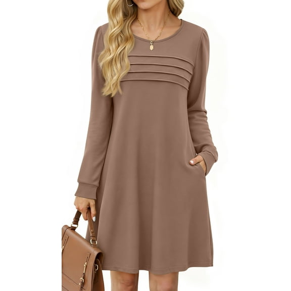 Fantaslook Pleated Long Sleeve Dresses for Women Fashion Fall Dresses Casual Dress with Pockets