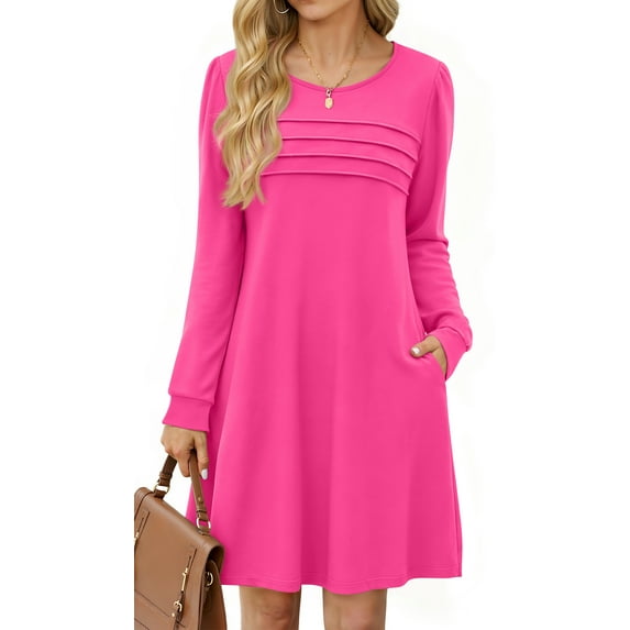 Fantaslook Pleated Long Sleeve Dresses for Women Fashion Fall Dresses Casual Dress with Pockets
