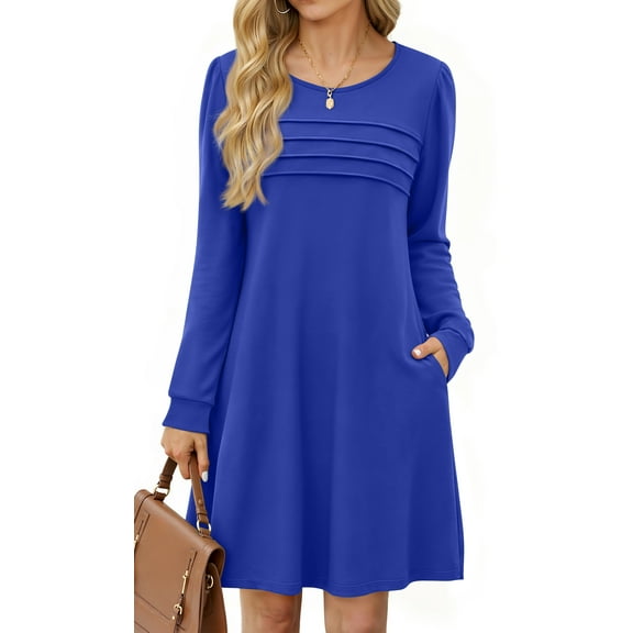 Fantaslook Pleated Long Sleeve Dresses for Women Fashion Fall Dresses Casual Dress with Pockets