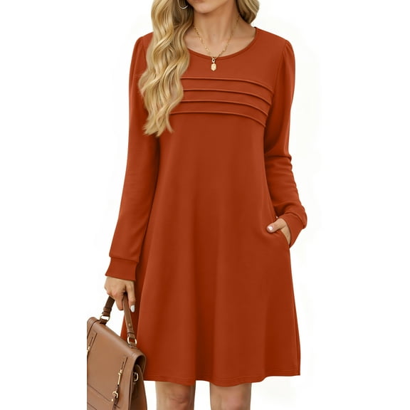 Fantaslook Pleated Long Sleeve Dresses for Women Fashion Fall Dresses Casual Dress with Pockets